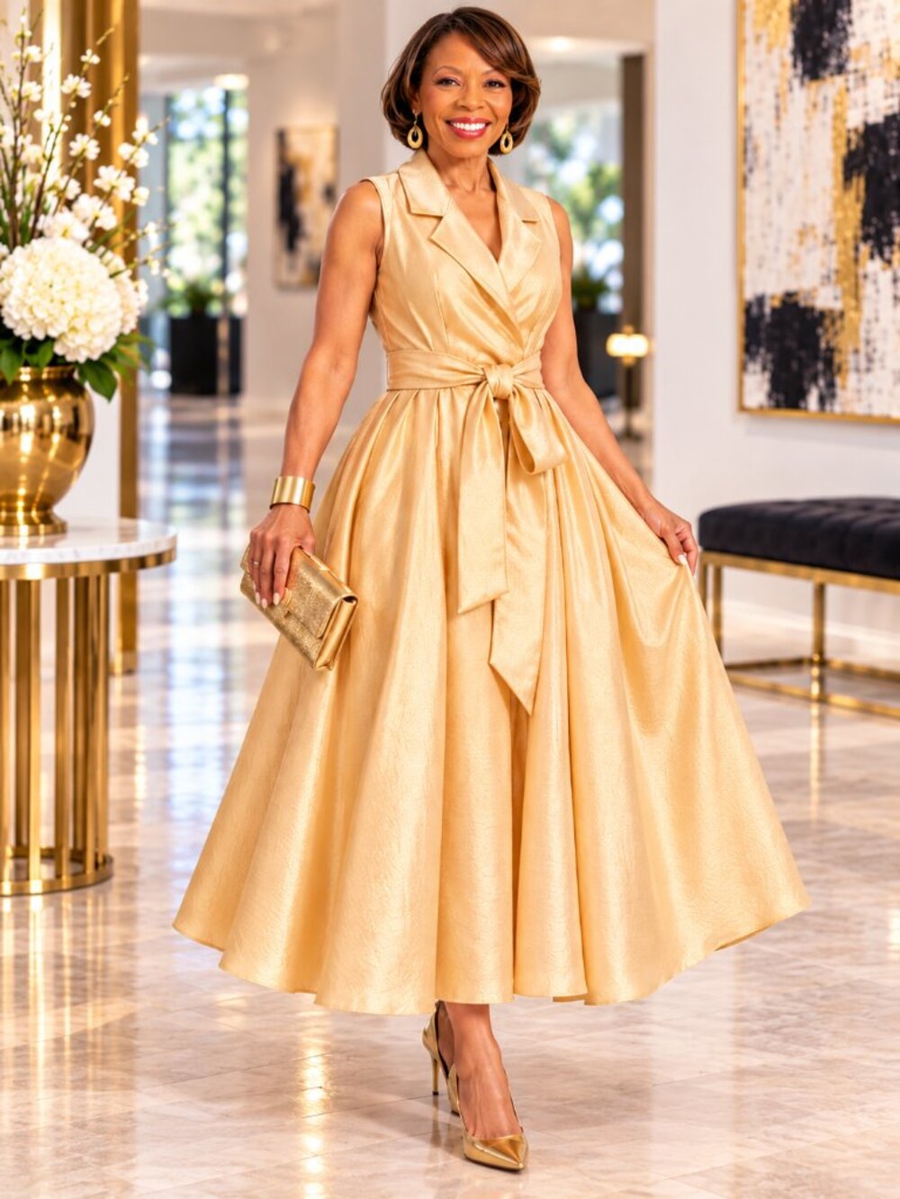 Evan-Picone Champagne Gold Sleeveless Wrap Midi Dress Belted Size 14